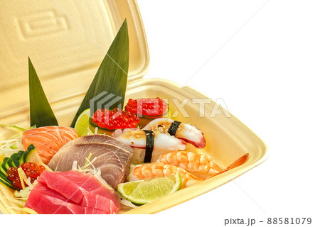traditional japanese food sushi. sushi delivery in thermo box. set of sushi, nigiri and maki. delicious dinner or lunch for one person. traditional japanese food sushi. sushi delivery in thermo box. set of sushi, nigiri and maki. delicious dinner or lunch for one person. 88581079