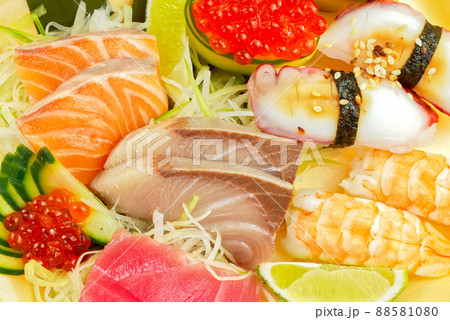 traditional japanese food sushi, nigiri, sashimi, tuna fish and salmon. delicious dinner or lunch for one person. close up flat lay traditional japanese food sushi, nigiri, sashimi, tuna fish and salmon. delicious dinner or lunch for one person. close up flat lay 88581080