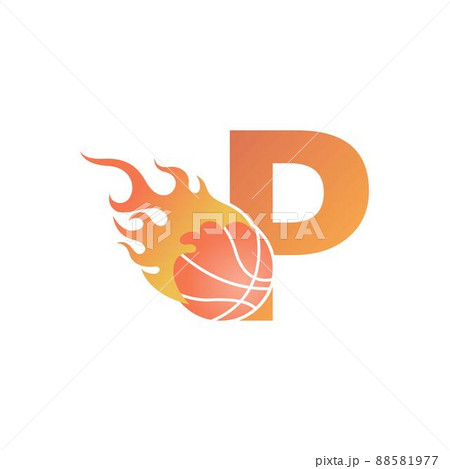 Letter P with basketball ball on fire illustration 88581977