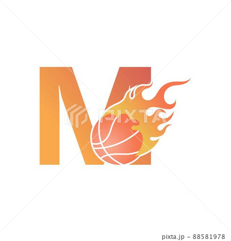 Letter M with basketball ball on fire illustration 88581978