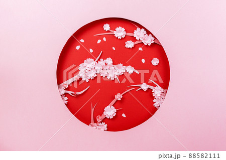 Spring papercraft composition with sakura branch on pink and red Spring papercraft composition with sakura branch on pink and red 88582111