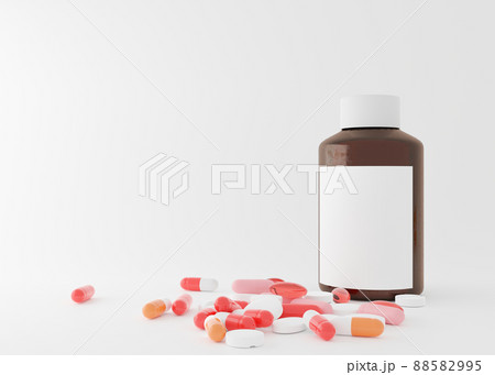 Pills and bottle with blank label on the white background. Medicines, tablets. Medical bottle mock up. Health, healthcare concept. Free, copy space for your text. 3d rendering. 88582995