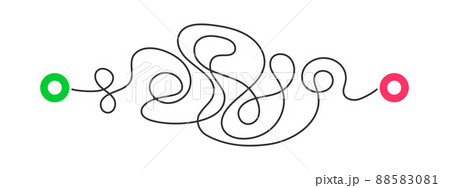 Curved line with green start and red finish point. Difficult way, chaos path, hard route symbol isolated on white background. Vector flat illustration Curved line with green start and red finish point. Difficult way, chaos path, hard route symbol isolated on white background. Vector flat illustration 88583081