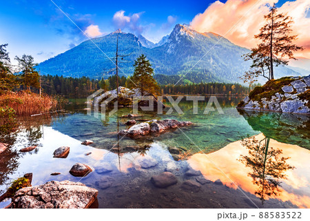 Hintersee Lake, Germany. Beautiful autumn sunset water reflection scene Hintersee Lake, Berchtesgaden. 88583522
