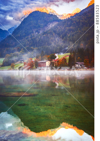 Hintersee Lake, Germany. Beautiful autumn sunset water reflection scene Hintersee Lake, Berchtesgaden. 88583523
