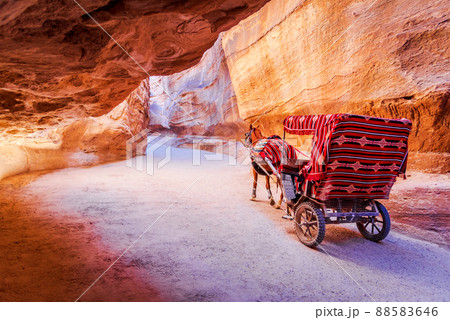 Petra, Jordan - Siq canyon and horse cart for tourists, Arabia. 88583646