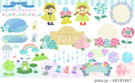 かわいい梅雨とあじさいのイラストセット 88585867