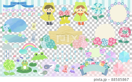 かわいい梅雨とあじさいのイラストセット 88585867