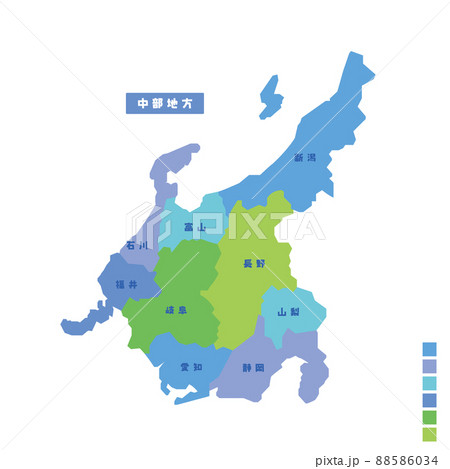 日本の地域図 日本地図 中部地方 雨の日カラーで色分けしてみたのイラスト素材