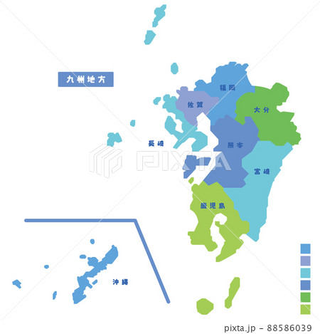 日本の地域図・日本地図 九州地方 雨の日カラーで色分けしてみた 88586039