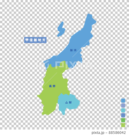 日本の地域図・日本地図 甲信越地方 雨の日カラーで色分けしてみた 日本の地域図・日本地図 甲信越地方 雨の日カラーで色分けしてみた 88586042