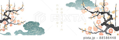 Japanese background with watercolor texture vector. Cherry blossom flower branch, Chinese cloud and chinese element decorations in vintage style. Art abstract banner and template design. 88586448