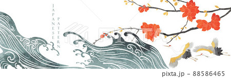 Crane bird with flower element decoration vector. Japanese background with hand drawn wave pattern banner. Ocean sea banner design with natural landscape template in vintage style. Watercolor texture. Crane bird with flower element decoration vector. Japanese background with hand drawn wave pattern banner. Ocean sea banner design with natural landscape template in vintage style. Watercolor texture. 88586465