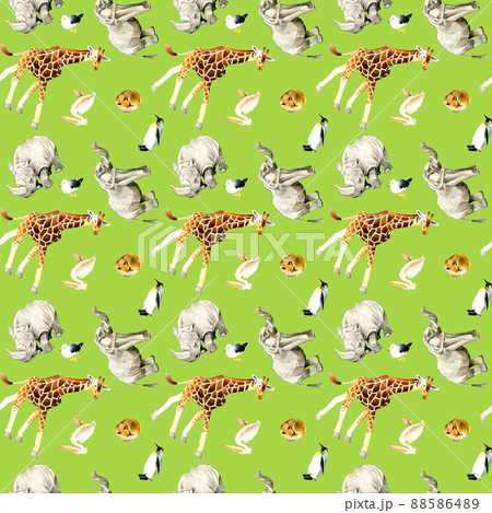 動物園の生き物たちのシームレスパターン　動物柄テキスタイル　手描き水彩イラスト背景素材 88586489