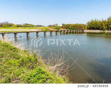 関東では珍しい沈下橋　小貝川　小目沼橋の春景色　 88586898