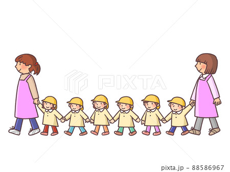 手をつないで笑顔で散歩する女性保育士と保育園児たち 手をつないで笑顔で散歩する女性保育士と保育園児たち 88586967