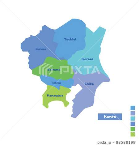 日本の地域図・日本地図 関東地方 雨の日カラーで色分けしてみた（英語版） 88588199