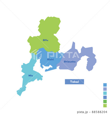 日本の地域図 日本地図 東海地方 雨の日カラーで色分けしてみた 英語版 のイラスト素材 5804