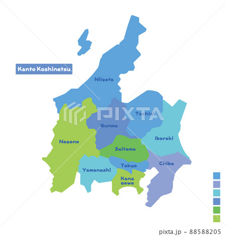 日本の地域図 日本地図 関東甲信越地方 雨の日カラーで色分けしてみた 英語版 のイラスト素材 5805