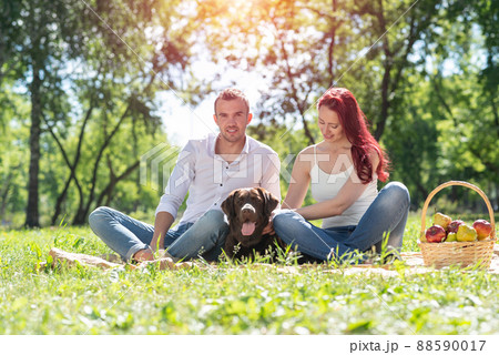 Couple with a dog in the park 88590017