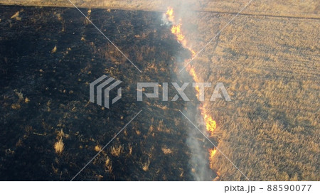 Aerial Drone View Over Burning dry grass and smoke in field. Flame and open fire Aerial Drone View Over Burning dry grass and smoke in field. Flame and open fire 88590077