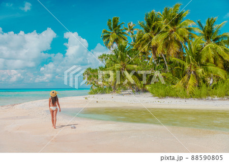 Luxury paradise private island woman traveller relaxing walking on remote beach in the Rangiroa atoll, Tuamotu islands, French Polynesia. Bikini girl on cruise excursion 88590805