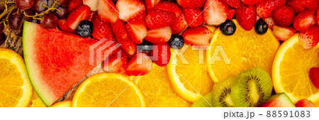 Fresh fruits background, Healthy mix fruits consist of tropical fruit and assorted berry 88591083