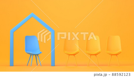 3D Yellow office chairs and one blue with frame in shape of house. Concept property insurance, work from home or social distancing. Interior of empty meeting room with real estate symbol, 3D render 3D Yellow office chairs and one blue with frame in shape of house. Concept property insurance, work from home or social distancing. Interior of empty meeting room with real estate symbol, 3D render 88592123