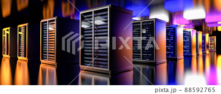 Servers. Servers room data center. Backup, mining, hosting, mainframe, farm and computer rack with storage information. 3d rendering Servers. Servers room data center. Backup, mining, hosting, mainframe, farm and computer rack with storage information. 3d rendering 88592765