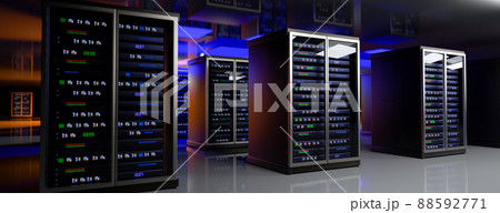 Servers. Servers room data center. Backup, mining, hosting, mainframe, farm and computer rack with storage information. 3d rendering Servers. Servers room data center. Backup, mining, hosting, mainframe, farm and computer rack with storage information. 3d rendering 88592771