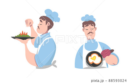 Cook chef in uniform and cap cooking tasty dishes set cartoon vector illustration 88593024