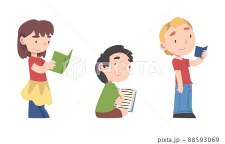 Cute little children reading books. Boys and girl studying and learning cartoon vector illustration Cute little children reading books. Boys and girl studying and learning cartoon vector illustration 88593069