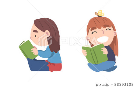 Set of cute little girls reading books. Kids sitting on floor holding open book cartoon vector illustration 88593108