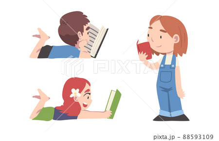 Set of cute little children reading books. Kids studying and learning cartoon vector illustration Set of cute little children reading books. Kids studying and learning cartoon vector illustration 88593109