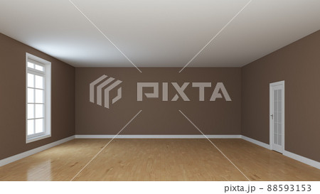 Unfurnished Interior. Empty Room with Brown Stucco Walls, Light Glossy Parquet Floor, White Plinth, Window and a White Door. 3d rendering with a Work Path on Window. Interior Concept, 8K Ultra HD 88593153
