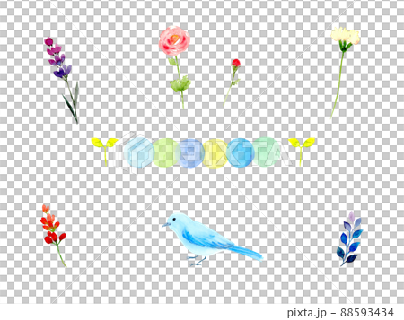 Material set of flowers and birds drawn in watercolor Material set of flowers and birds drawn in watercolor 88593434