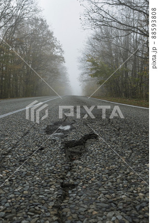 Potholes on an asphalt road that runs through a foggy forest. The poor condition of the road, requiring repair. The concept of safe roads. Potholes on an asphalt road that runs through a foggy forest. The poor condition of the road, requiring repair. The concept of safe roads. 88593808