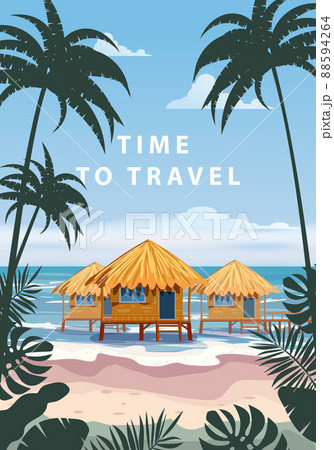 Time to travel. Tropical resort poster vintage. Beach coast traditional huts, palms, ocean. Retro style illustration vector 88594264