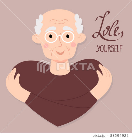 Postcard Love yourself. Happy elderly man in glasses hugs himself. Concept Love yourself and find time for yourself and care. Vector illustration. Cute old man with glasses character in flat style. Postcard Love yourself. Happy elderly man in glasses hugs himself. Concept Love yourself and find time for yourself and care. Vector illustration. Cute old man with glasses character in flat style. 88594922