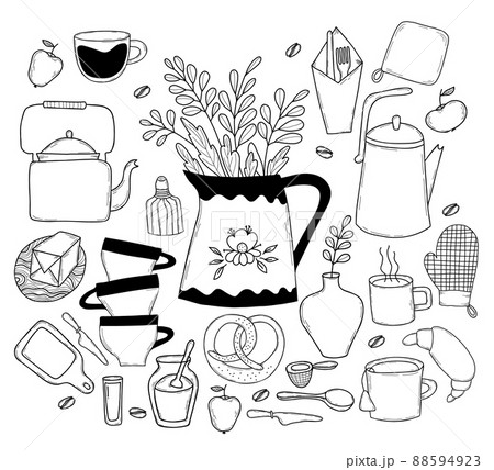 Set of kitchen tools doodles. kitchen tools for cooking - knife and kitchen board, dishes - teapots and cups, food - roll and butter, kitchen items vase and potholder. Vector illustration isolated. 88594923