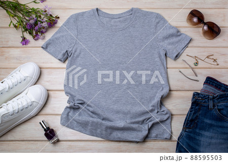 Womens gray T-shirt mockup with burdock flowers Womens gray T-shirt mockup with burdock flowers 88595503