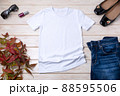 Womens white T-shirt mockup with red nail polish 88595506