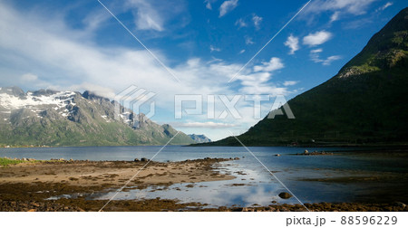 Panoramic view to Sildpollnes village and Urvika fjord at Austvagoy Island, Lofoten, Norway Panoramic view to Sildpollnes village and Urvika fjord at Austvagoy Island, Lofoten, Norway 88596229