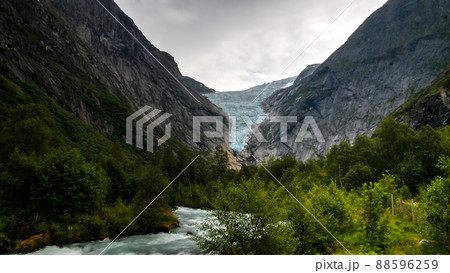 Panoramic view to Briksdal Glacier in Norway Panoramic view to Briksdal Glacier in Norway 88596259