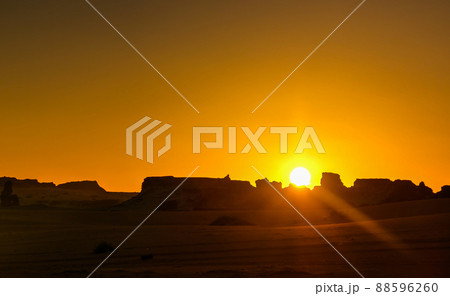 Panoramic view to landscape near group of Ounianga Serir lakes at the Ennedi, Chad Panoramic view to landscape near group of Ounianga Serir lakes at the Ennedi, Chad 88596260