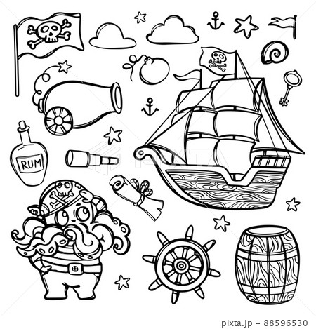 OCTOPUS PIRATE AND SHIP With Skull Flag On Mast Monochrome Hand Drawn Cartoon Clipart Sea Attributes And Objects Vector Illustration Set For Design And Print 88596530