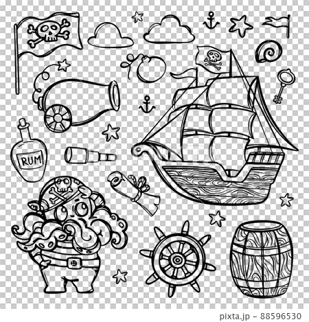 OCTOPUS PIRATE AND SHIP With Skull Flag On Mast Monochrome Hand Drawn Cartoon Clipart Sea Attributes And Objects Vector Illustration Set For Design And Print 88596530