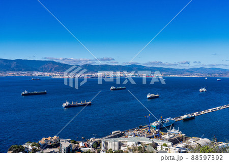 Panoramic view of the port of Gibraltar and the bay of Algeciras full of boats Panoramic view of the port of Gibraltar and the bay of Algeciras full of boats 88597392