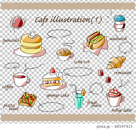 カフェのメニューの手描きイラストセット① 88597915