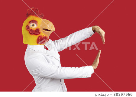 Man wearing strange funny chicken mask dancing and having fun at crazy animal party Man wearing strange funny chicken mask dancing and having fun at crazy animal party 88597966